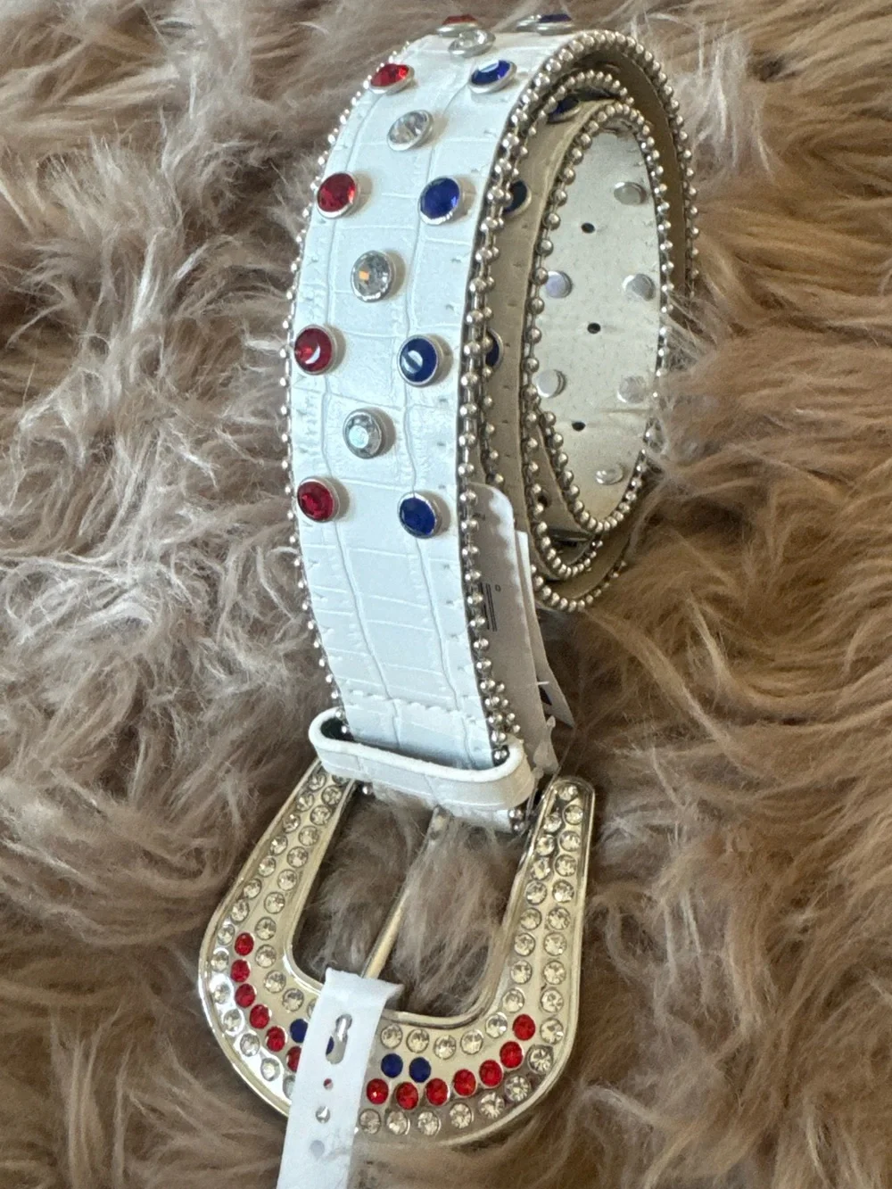 Patriotic belt rhinestones red white blue American flag beautiful chunky buckle